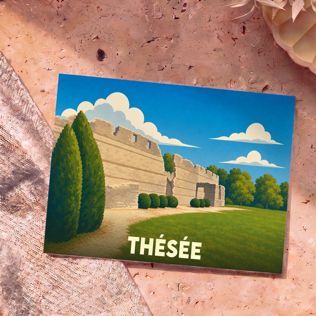 Carte postale souvenir de la ville de Thésée avec une illustration stylisée de ses vestiges gallo-romains.