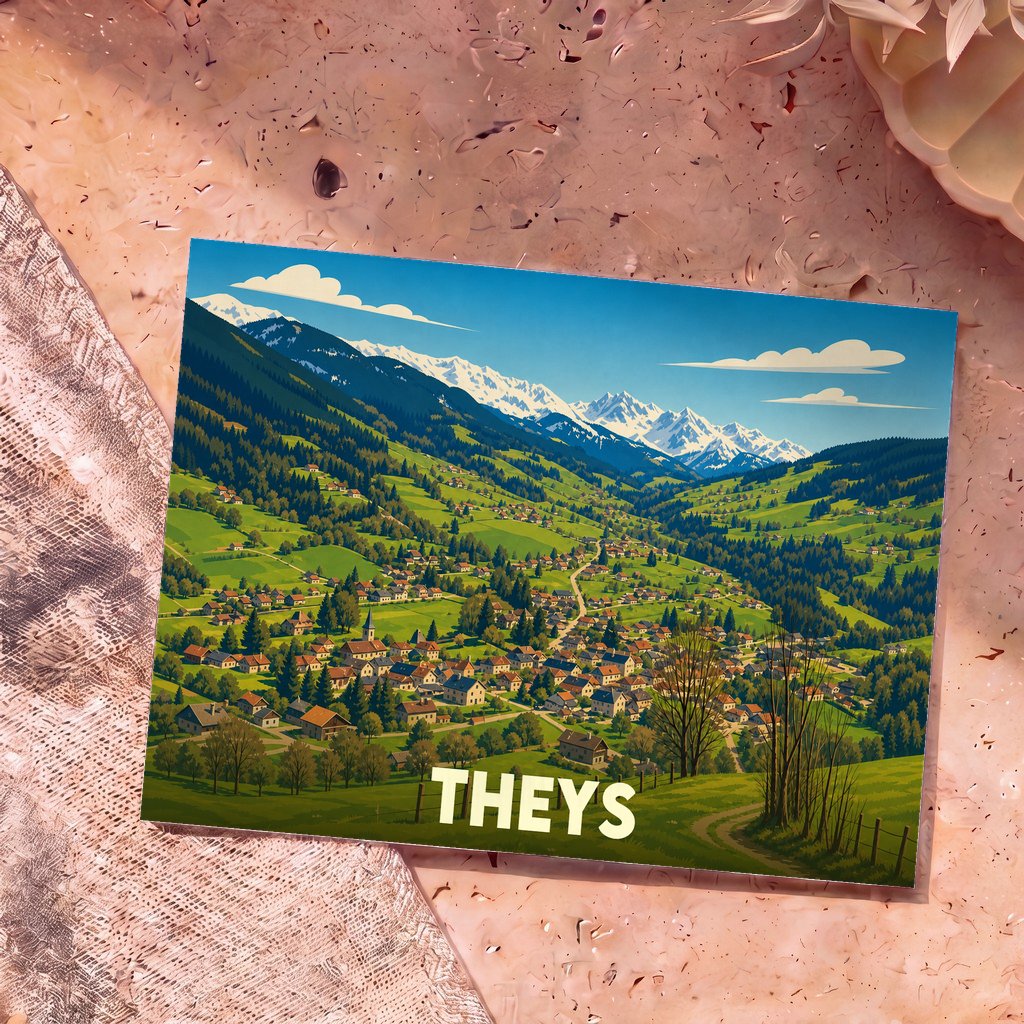 Carte postale souvenir de la ville de Theys avec une illustration stylisée d'un village de montagne.