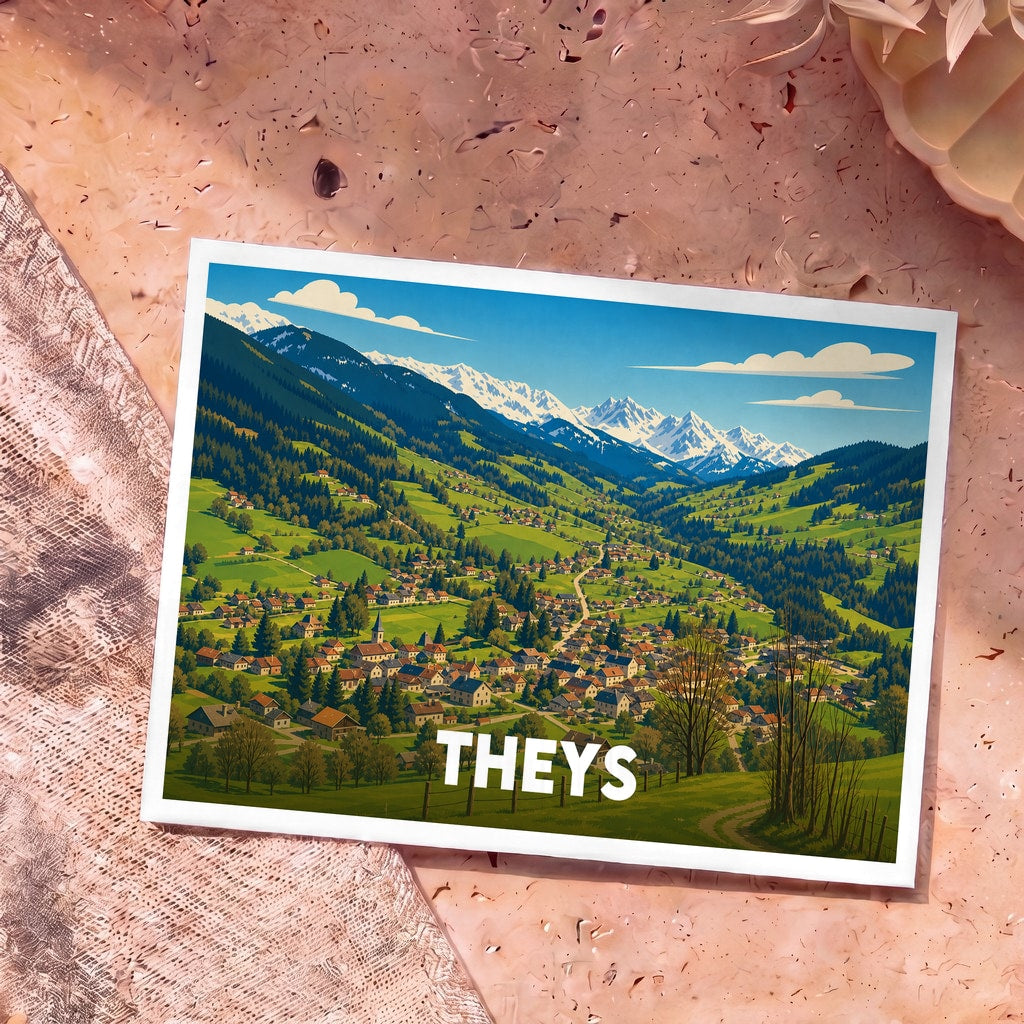 Carte postale souvenir de la ville de Theys avec une illustration stylisée d'un village de montagne.