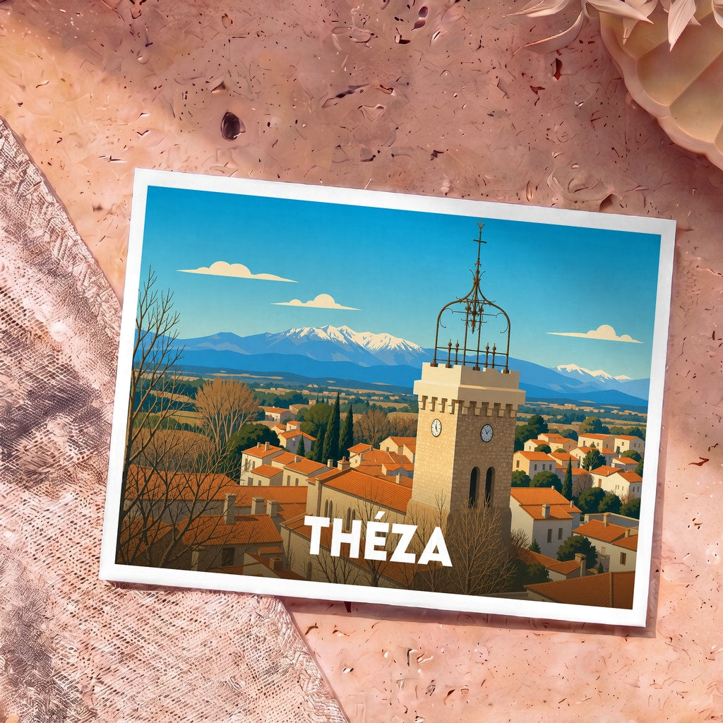 Carte postale souvenir de la ville de Théza avec une illustration stylisée d'un clocher face aux montagnes enneigées.
