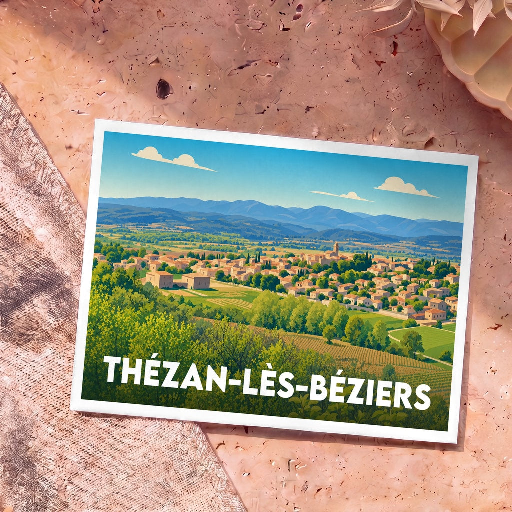 Carte postale souvenir de la ville de Thézan-lès-Béziers avec une illustration stylisée d'un paysage de campagne française.