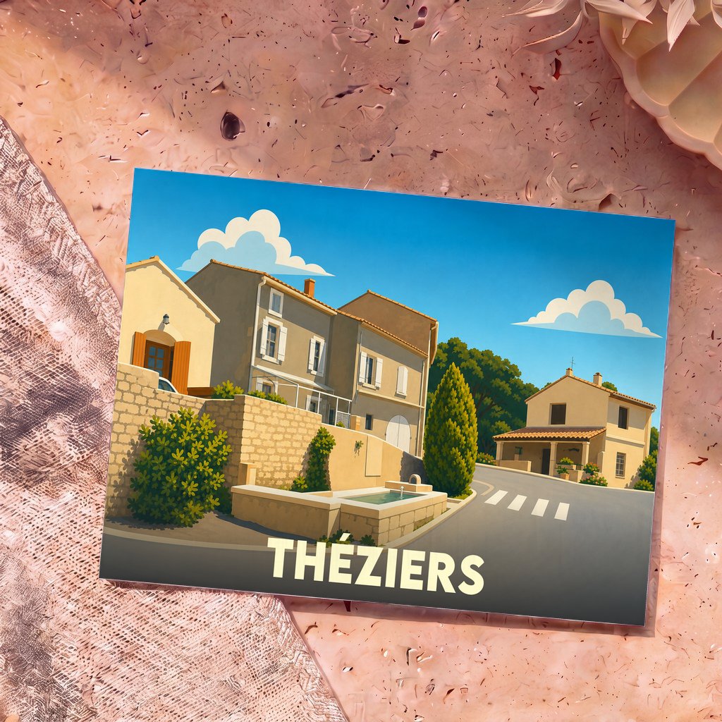Carte postale souvenir de la ville de Théziers avec une illustration stylisée.