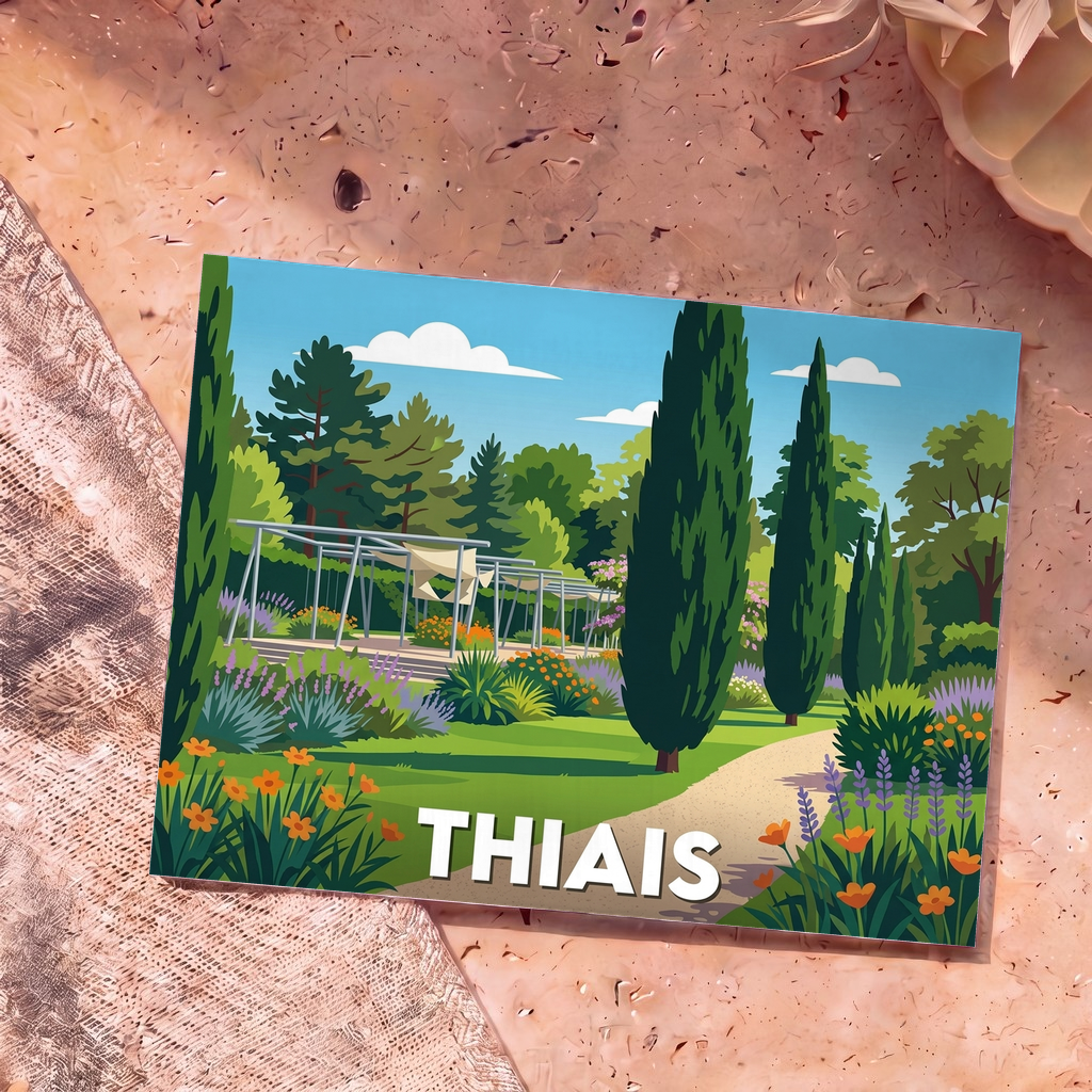 Carte postale souvenir de la ville de Thiais illustrant un parc verdoyant avec des cyprès et des fleurs colorées dans un style graphique épuré.