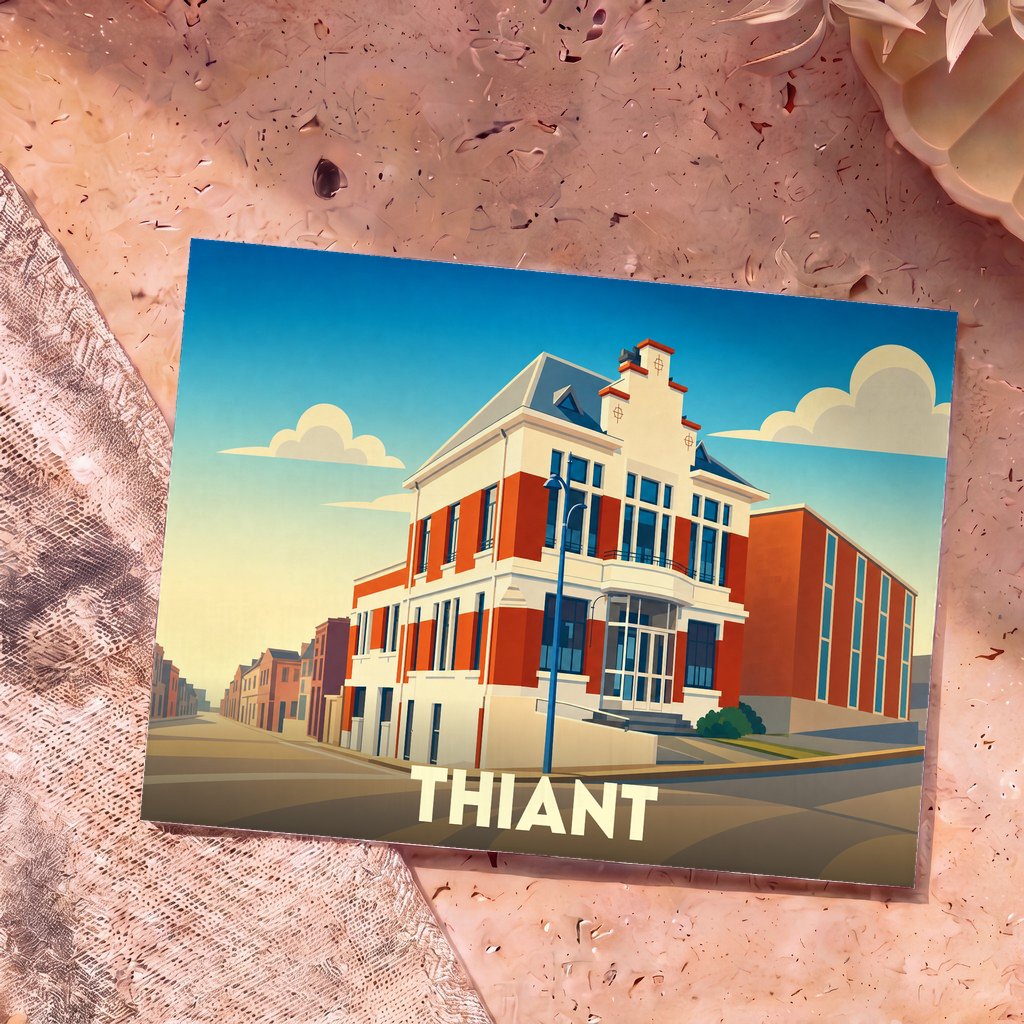 Carte postale souvenir de la ville de Thiant avec une illustration stylisée de l'hôtel de ville.