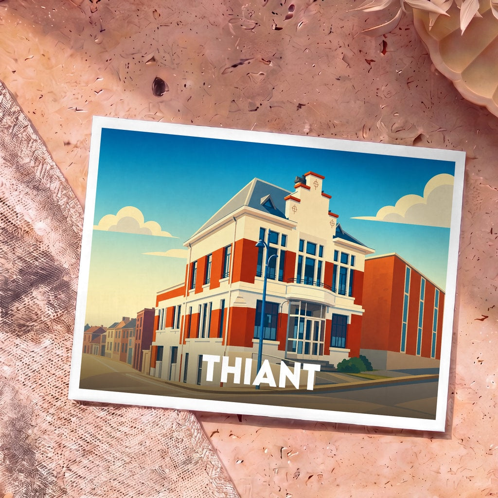 Carte postale souvenir de la ville de Thiant avec une illustration stylisée de l'hôtel de ville.