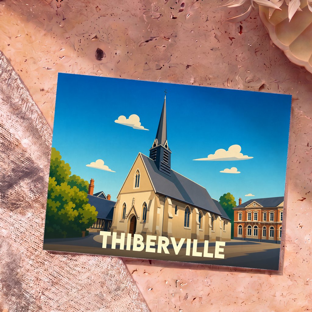 Carte postale souvenir de la ville de Thiberville avec une illustration stylisée d'une église sous un ciel bleu.