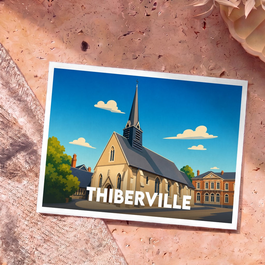 Carte postale souvenir de la ville de Thiberville avec une illustration stylisée d'une église sous un ciel bleu.