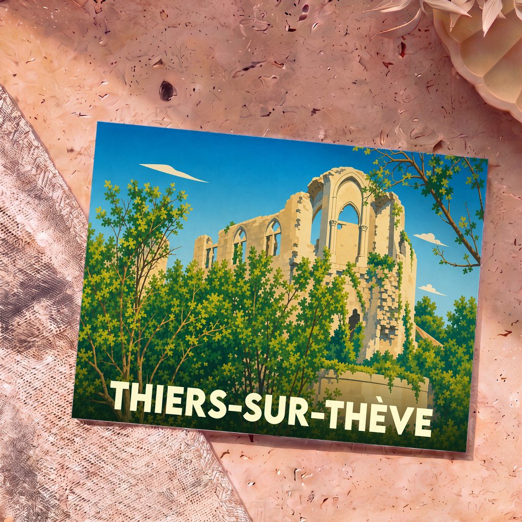 Carte postale souvenir de Thiers-sur-Thève illustrant les ruines stylisées de son château niché dans la végétation.