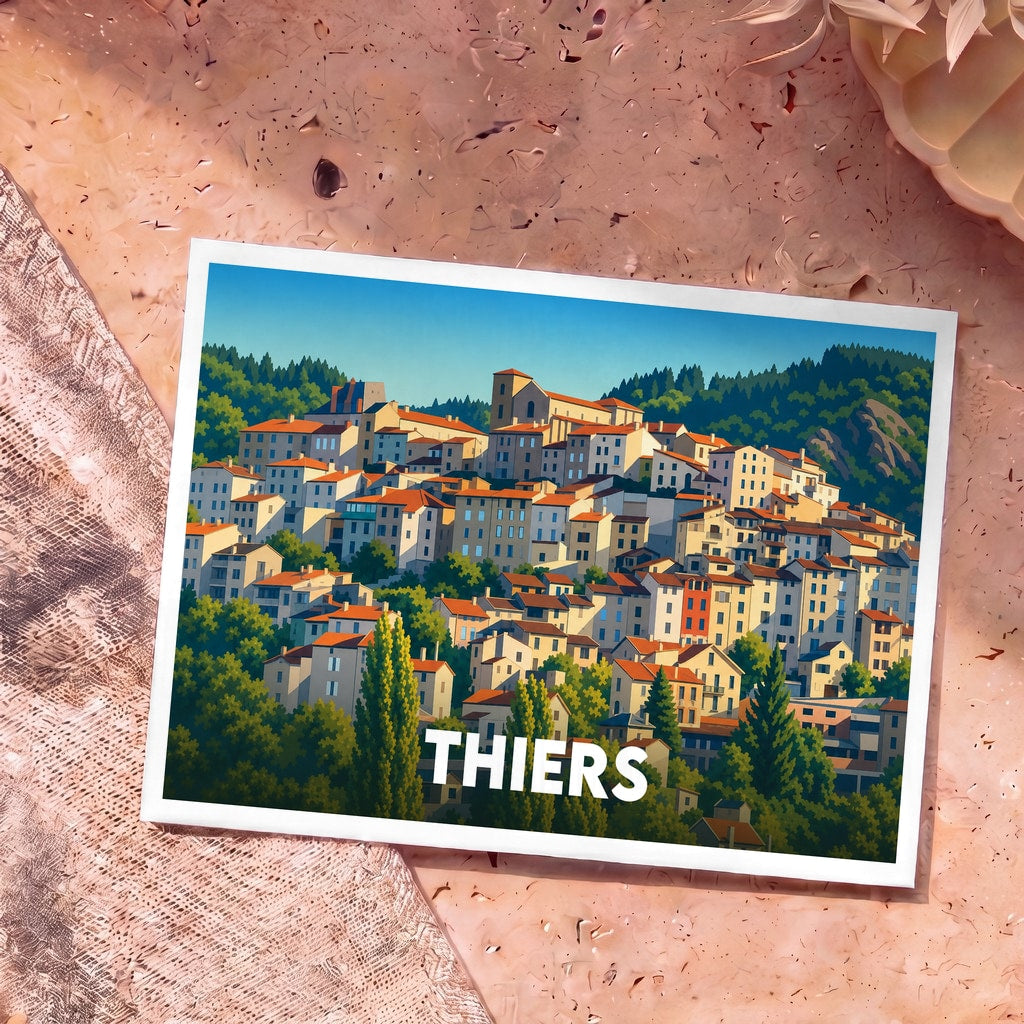 Carte postale souvenir de la ville de Thiers avec une illustration stylisée et colorée de ses maisons à flanc de colline.