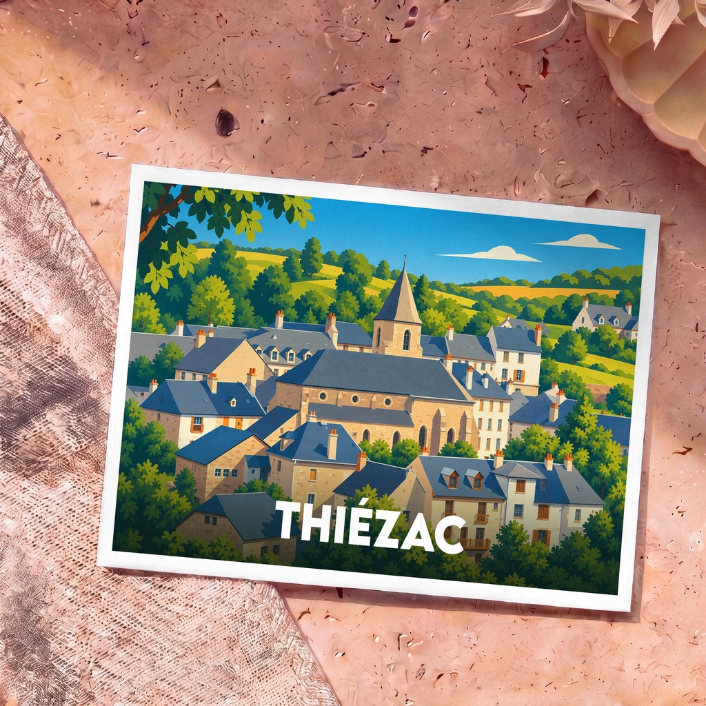 Carte postale souvenir de la ville de Thiézac avec une illustration stylisée et colorée.