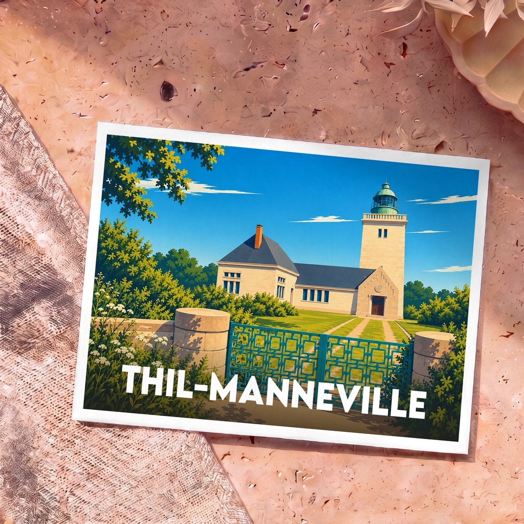 Carte postale souvenir de la ville de Thil-Manneville avec une illustration stylisée de son phare et de son église.