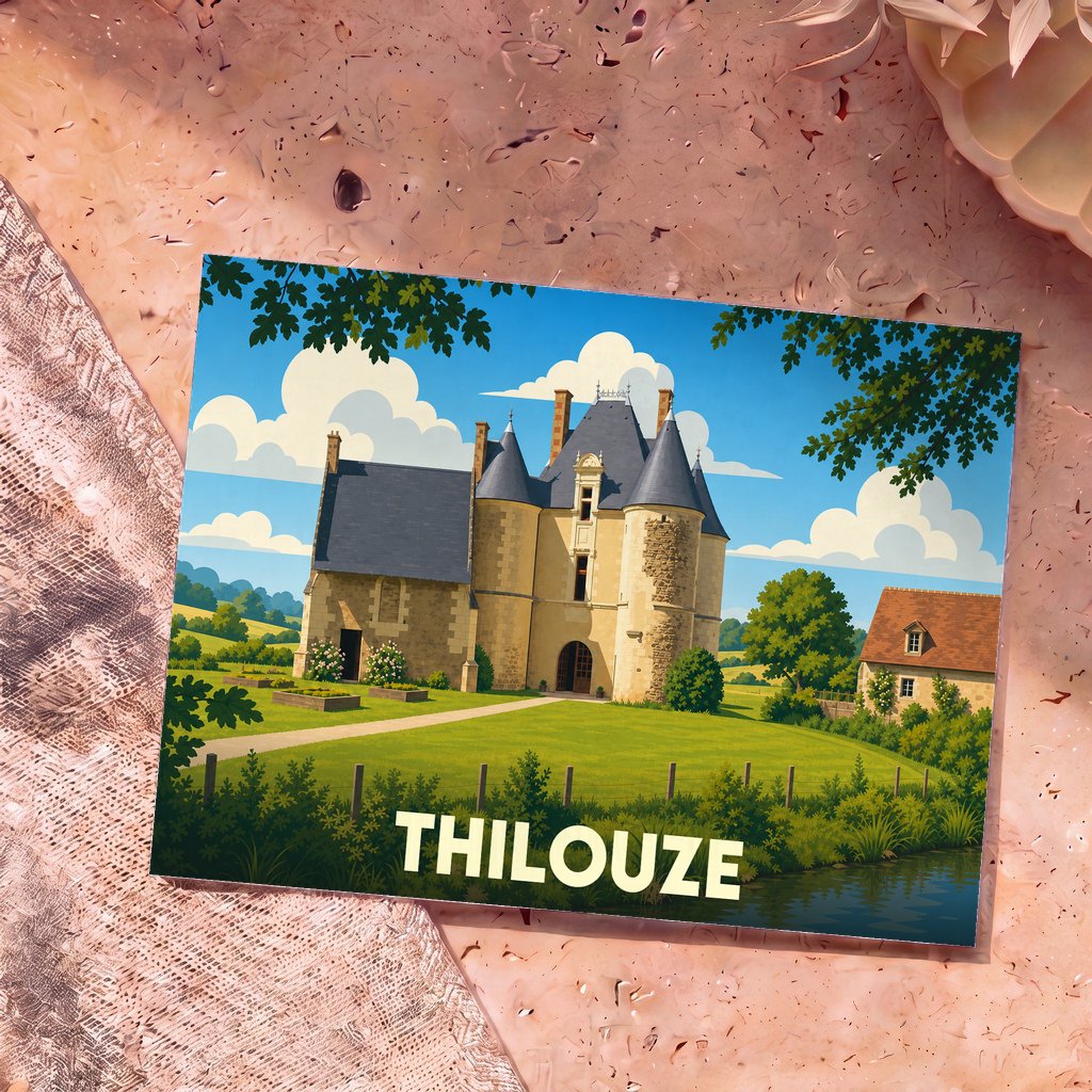 Carte postale souvenir de la ville de Thilouze avec une illustration stylisée de son château.