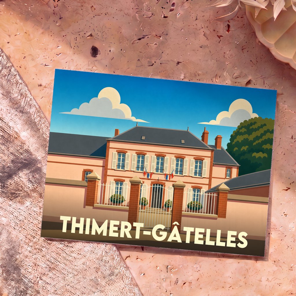 Carte postale souvenir de la ville de Thimert-Gâtelles avec une illustration stylisée de la mairie.