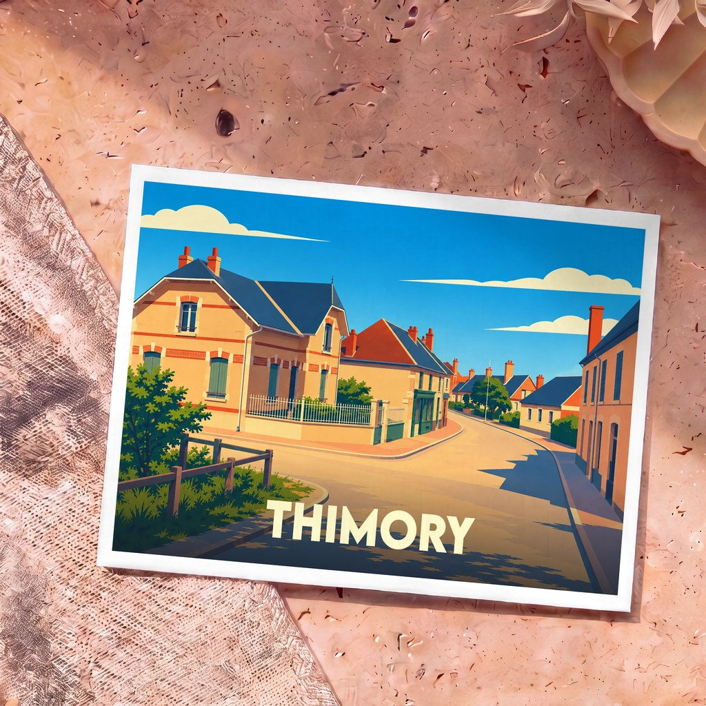 Carte postale souvenir de la ville de Thimory illustrée par une vue de rue stylisée et colorée.