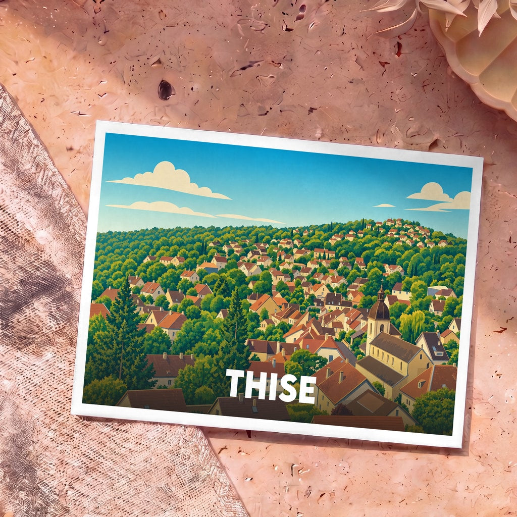 Carte postale souvenir de la ville de Thise avec une illustration stylisée.
