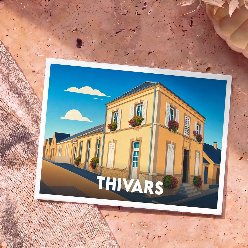 Carte postale souvenir de la ville de Thivars avec une illustration stylisée de sa mairie.