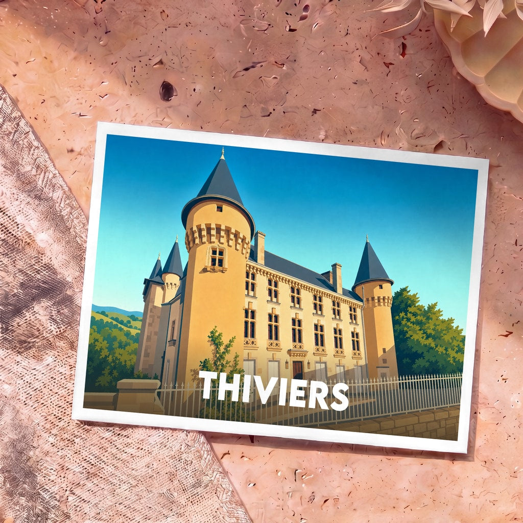 Carte postale souvenir de la ville de Thiviers avec une illustration stylisée de son château.