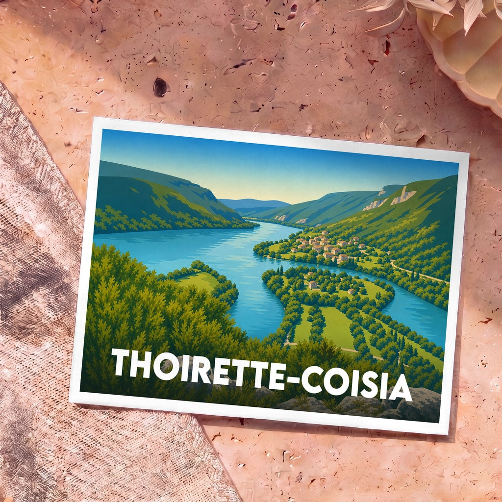 Carte postale souvenir de la ville de Thoirette-Coisia avec une illustration stylisée d'un paysage de rivière et de montagnes.