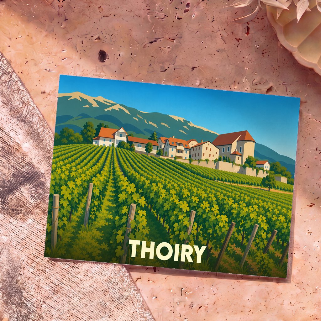 Carte postale souvenir de la ville de Thoiry avec une illustration stylisée de son paysage et de ses vignobles.