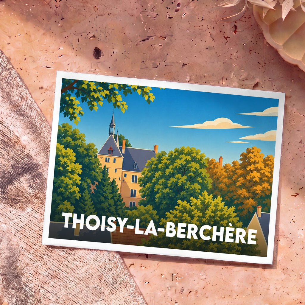 Carte postale souvenir de Thoisy-la-Berchère illustrant le château à travers une forêt verdoyante.