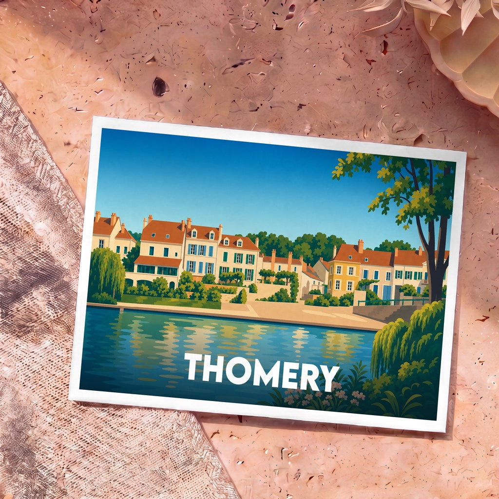 Carte postale souvenir de la ville de Thomery avec une illustration colorée et stylisée de ses quais en bord de Seine.