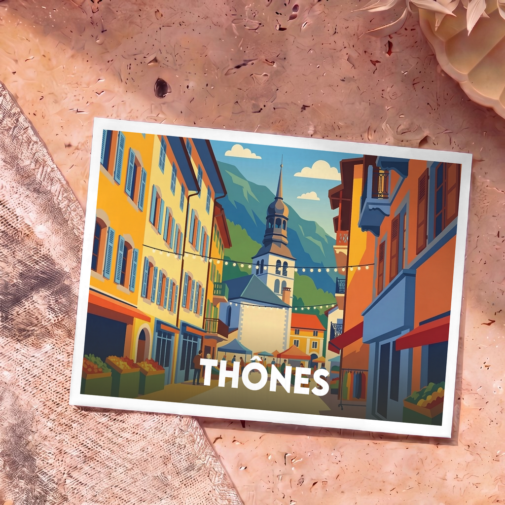 Carte postale souvenir de la ville de Thônes illustrant son marché typique et son église dans un style graphique coloré.