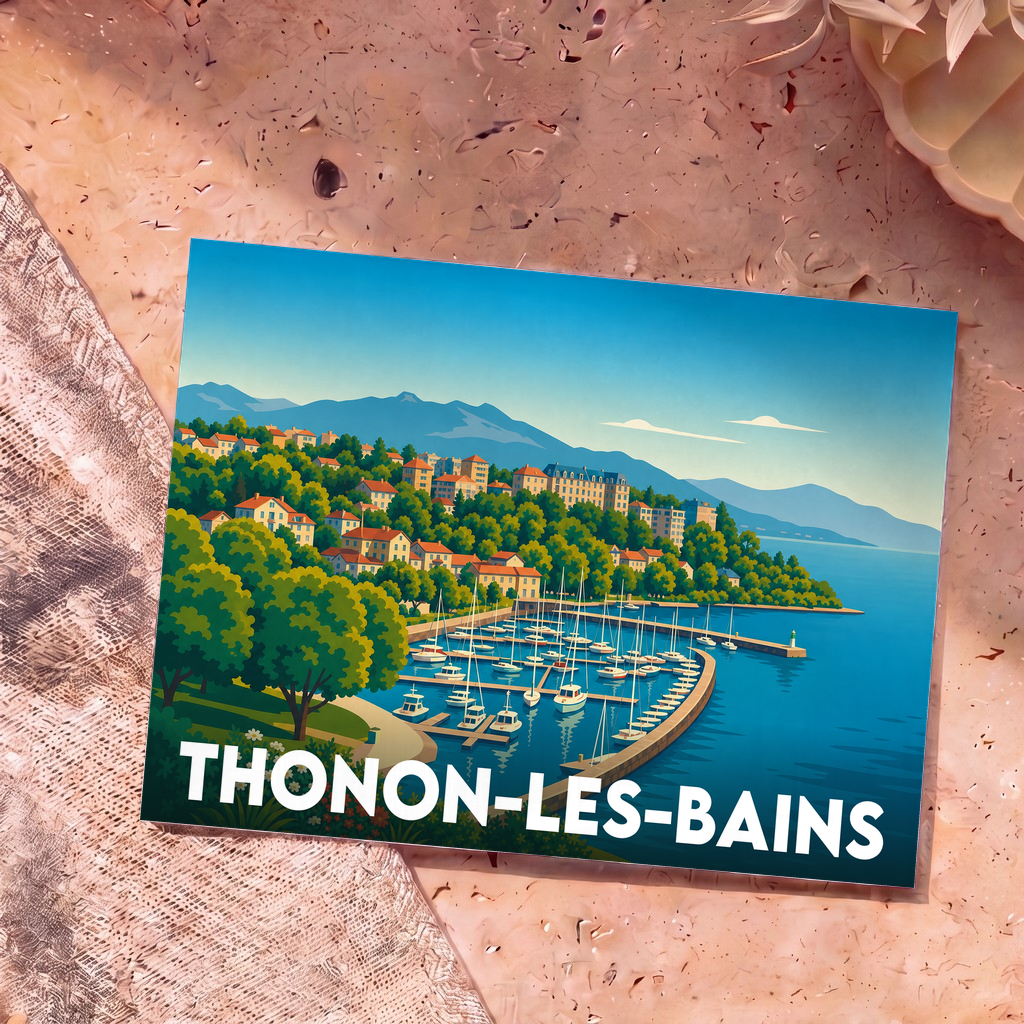 Carte postale souvenir de la ville de Thonon-les-Bains avec une illustration stylisée de son port et du lac Léman.