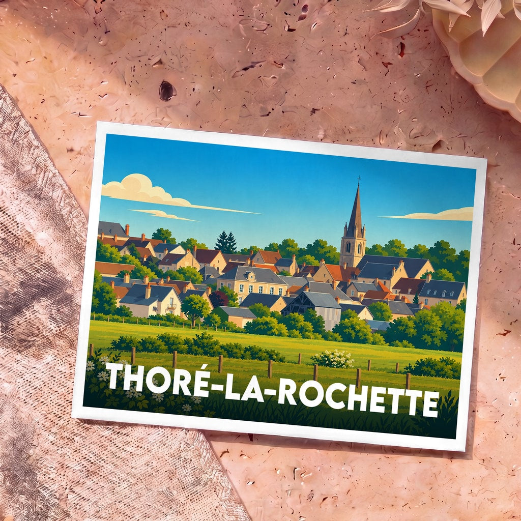Carte postale souvenir de la ville de Thoré-la-Rochette avec une illustration stylisée.