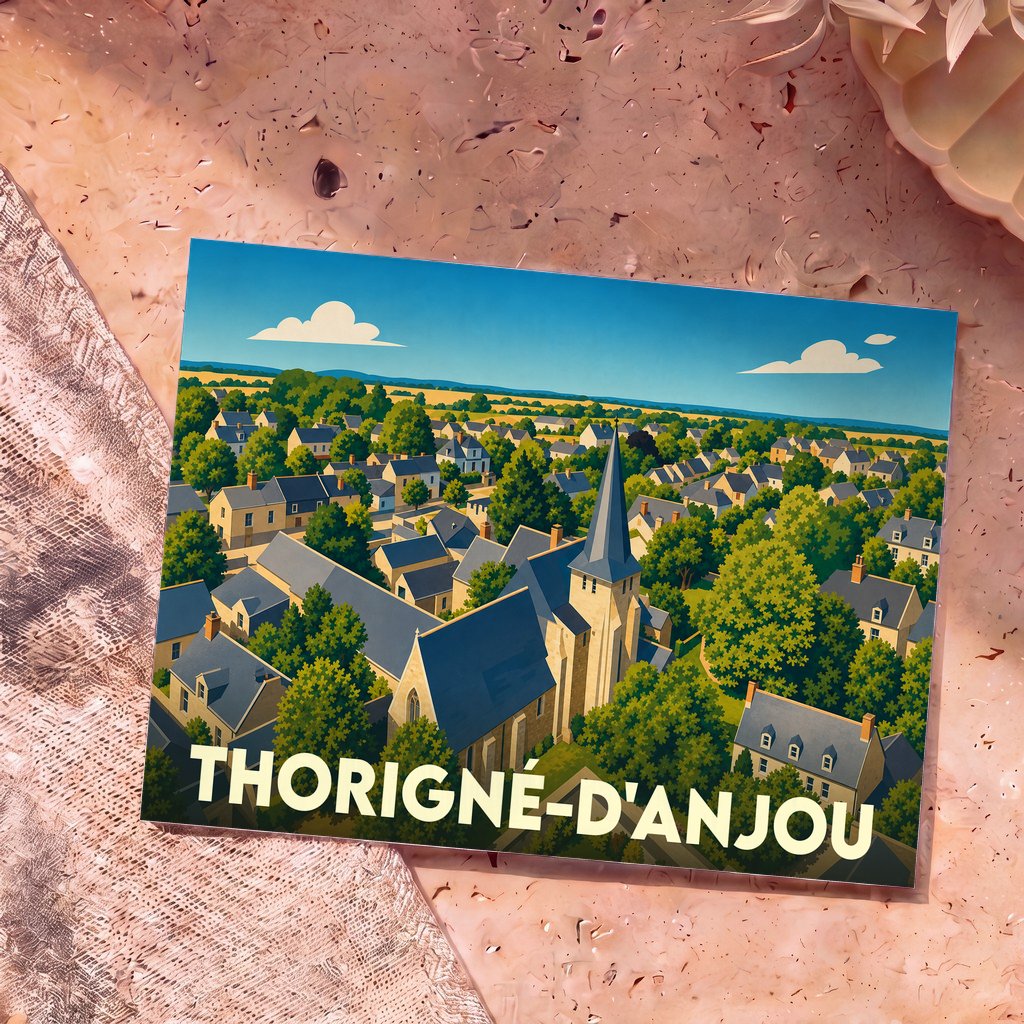 Carte postale souvenir de la ville de Thorigné-d'Anjou avec une illustration stylisée d'une église entourée de maisons et de verdure.