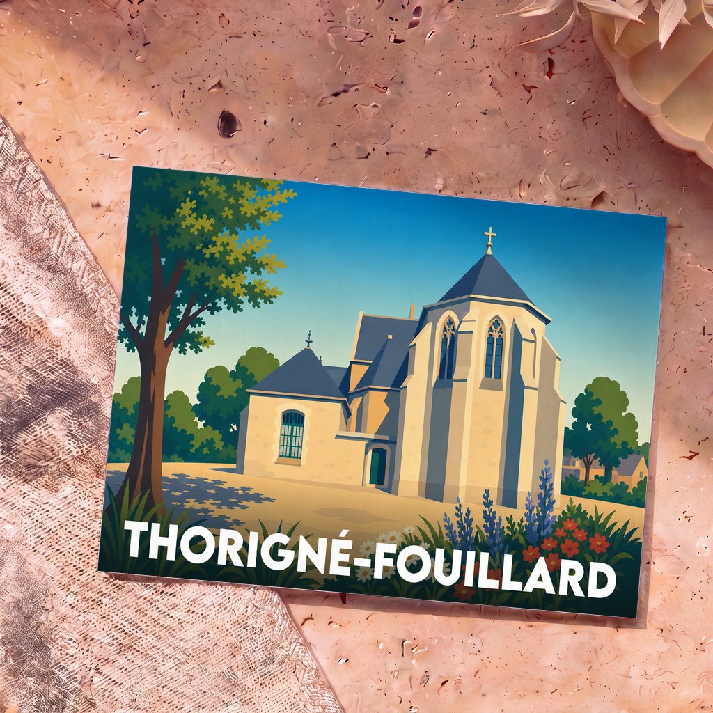 Carte postale souvenir de la ville de Thorigné-Fouillard avec une illustration stylisée de son église.
