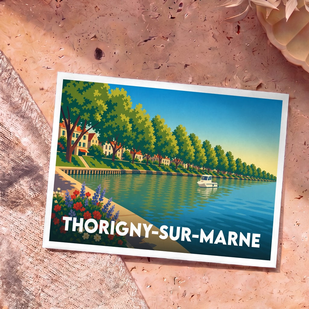 Carte postale souvenir de la ville de Thorigny-sur-Marne avec une illustration stylisée des bords de Marne.