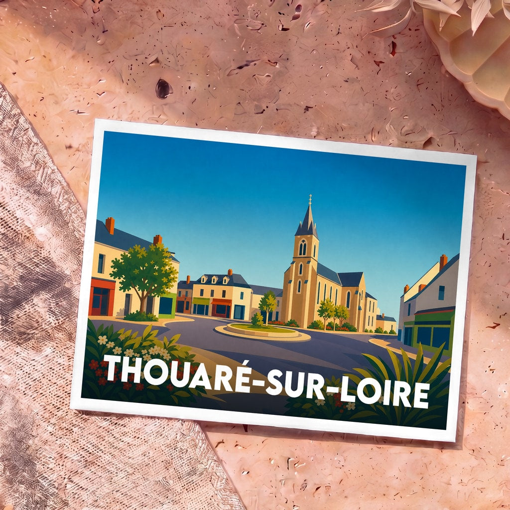 Carte postale souvenir de la ville de Thouaré-sur-Loire avec une illustration stylisée de son église et de ses commerces.