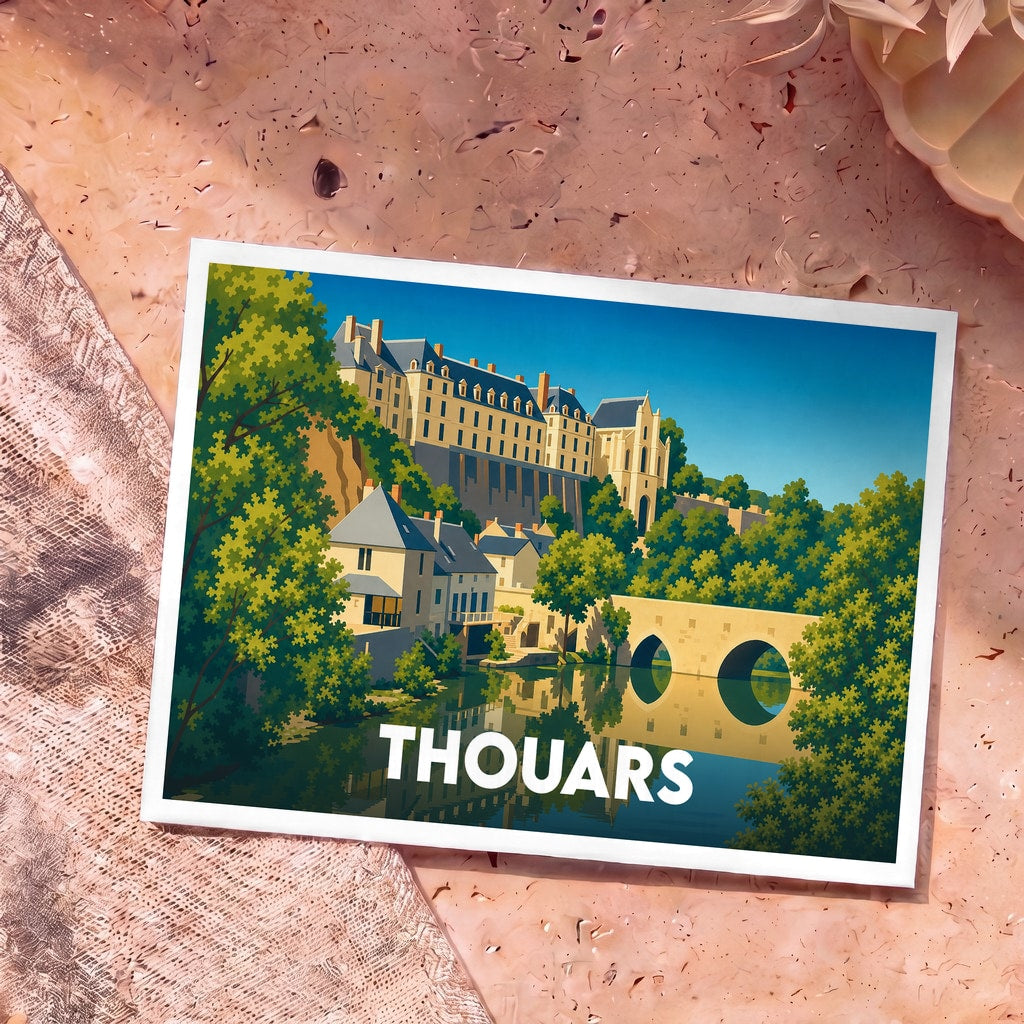 Carte postale souvenir de la ville de Thouars présentant une illustration stylisée de son château surplombant la rivière.