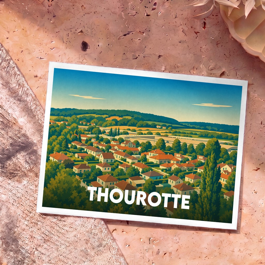 Carte postale souvenir de la ville de Thourotte avec une illustration stylisée d'un paysage urbain verdoyant.