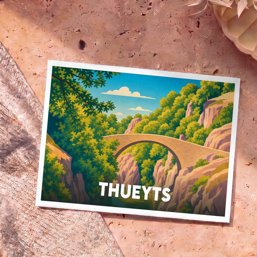 Carte postale souvenir de la ville de Thueyts illustrant le Pont du Diable dans un style graphique épuré.