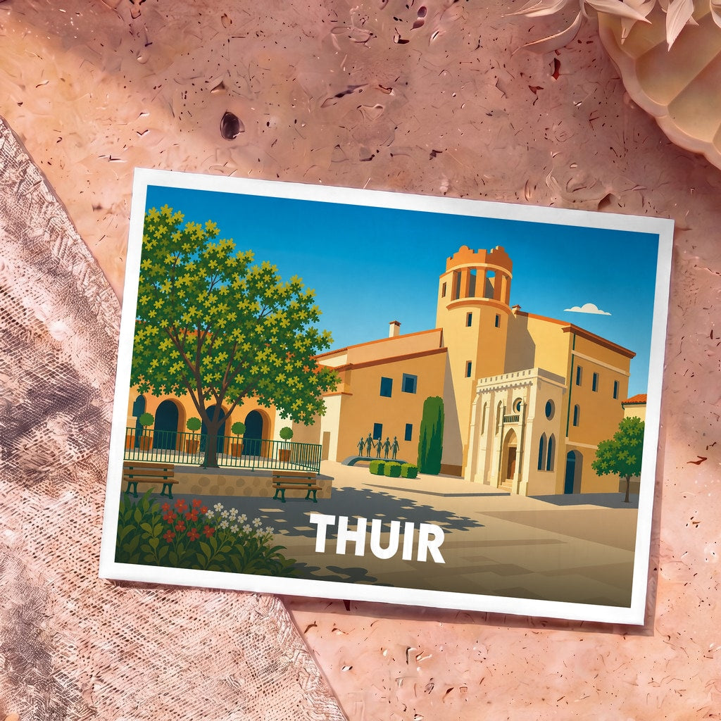 Carte postale souvenir de la ville de Thuir avec une illustration stylisée et colorée de ses bâtiments emblématiques.