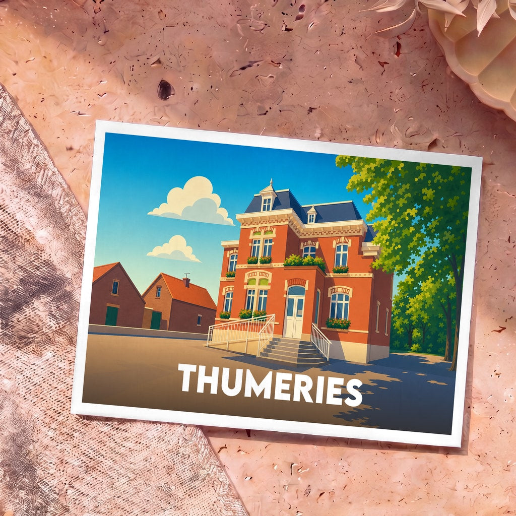 Carte postale souvenir de la ville de Thumeries avec une illustration stylisée d'une grande maison bourgeoise en briques.