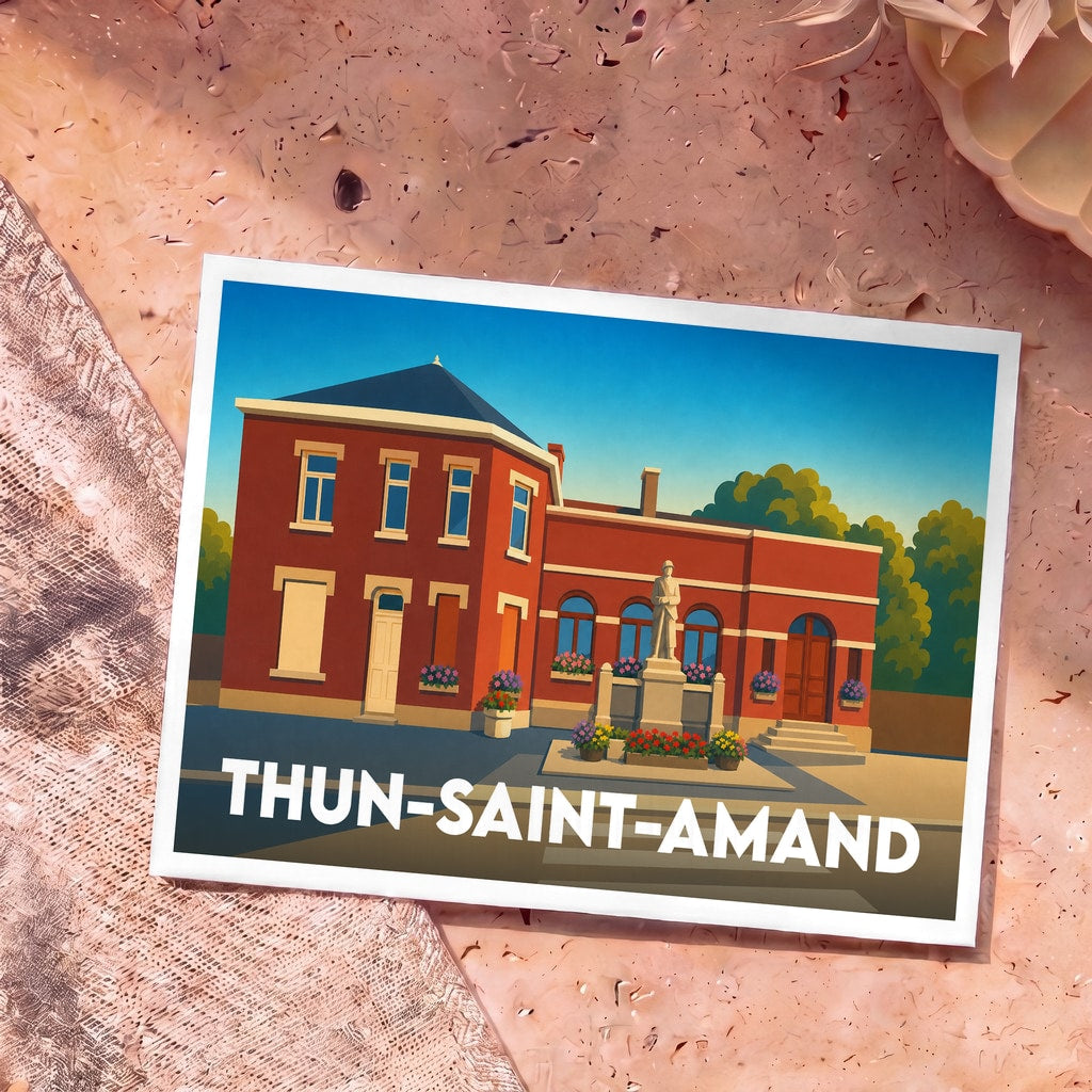Carte postale souvenir de la ville de Thun-Saint-Amand avec une illustration stylisée de sa mairie.