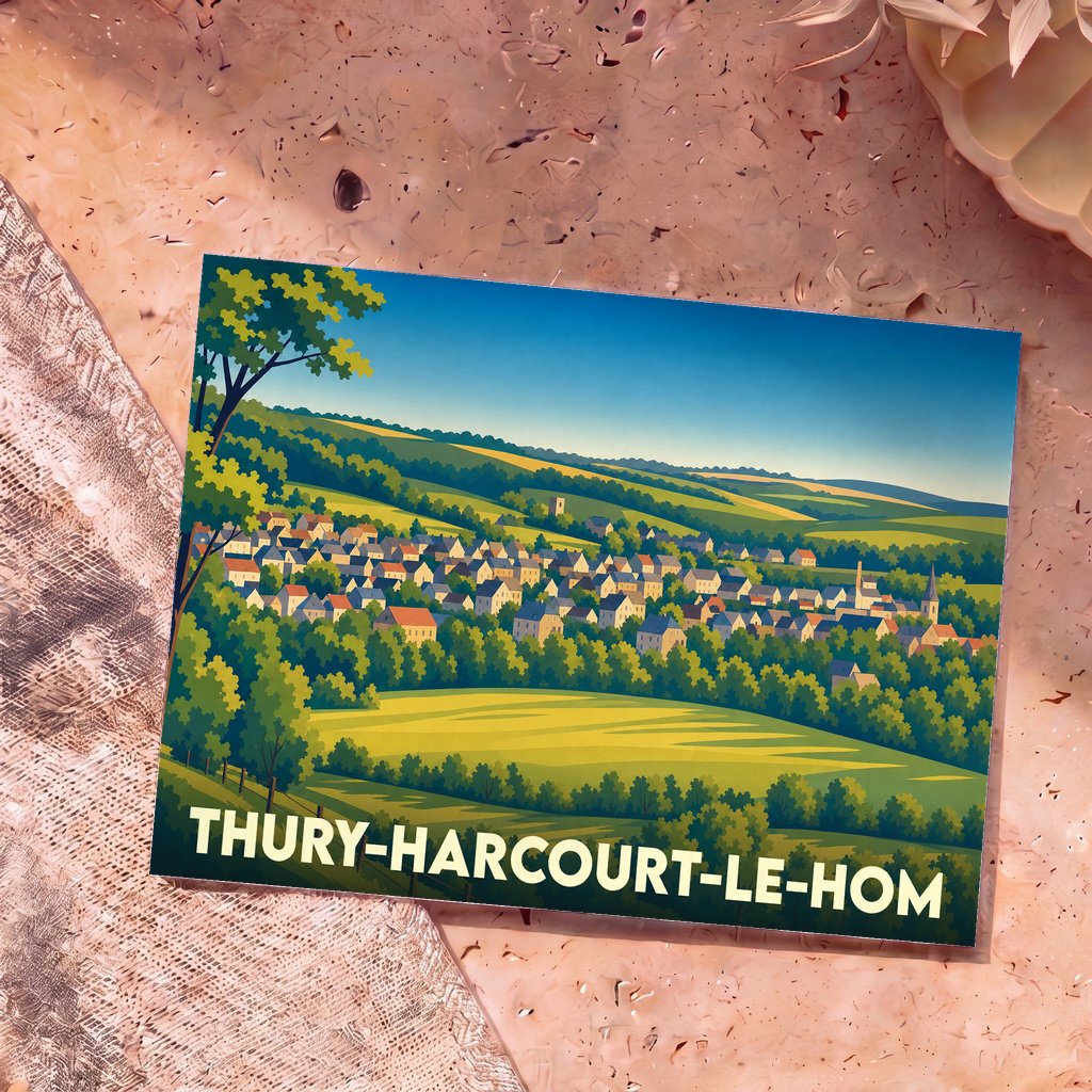 Carte postale souvenir de Thury-Harcourt-le-Hom avec une illustration stylisée du village niché dans une vallée verdoyante.