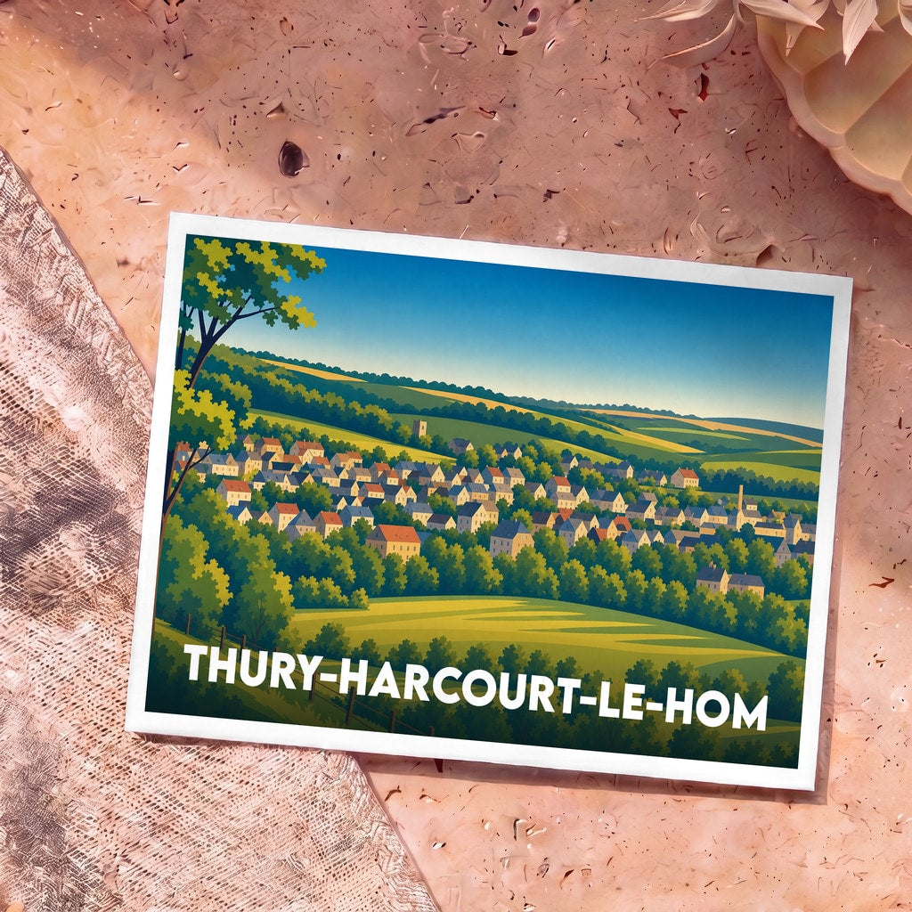 Carte postale souvenir de Thury-Harcourt-le-Hom avec une illustration stylisée du village niché dans une vallée verdoyante.