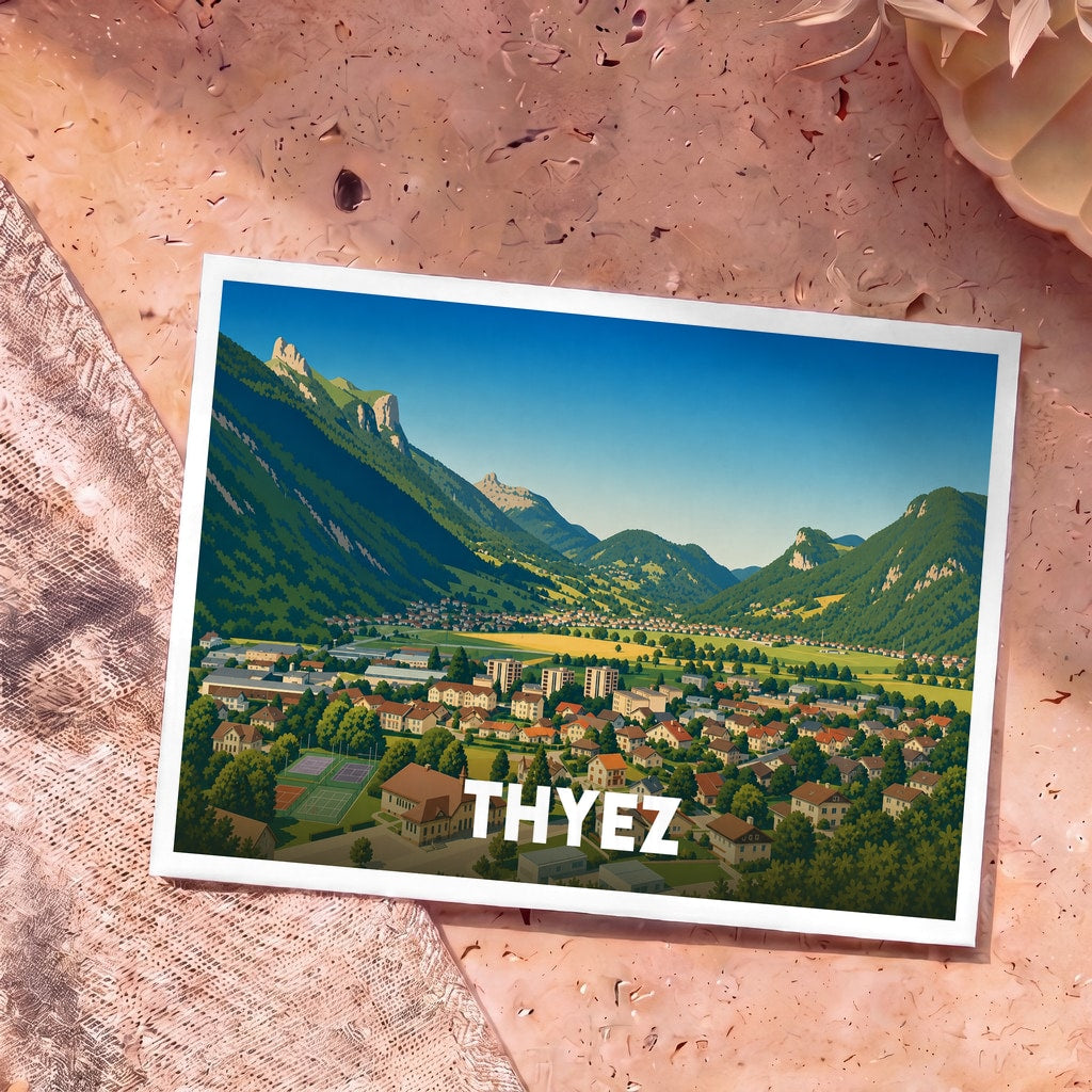 Carte postale souvenir de la ville de Thyez avec une illustration panoramique de la vallée et des montagnes.