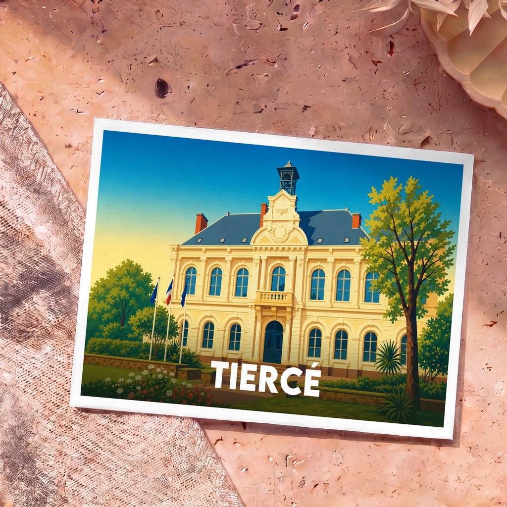 Carte postale souvenir de la ville de Tiercé avec une illustration stylisée de son hôtel de ville.