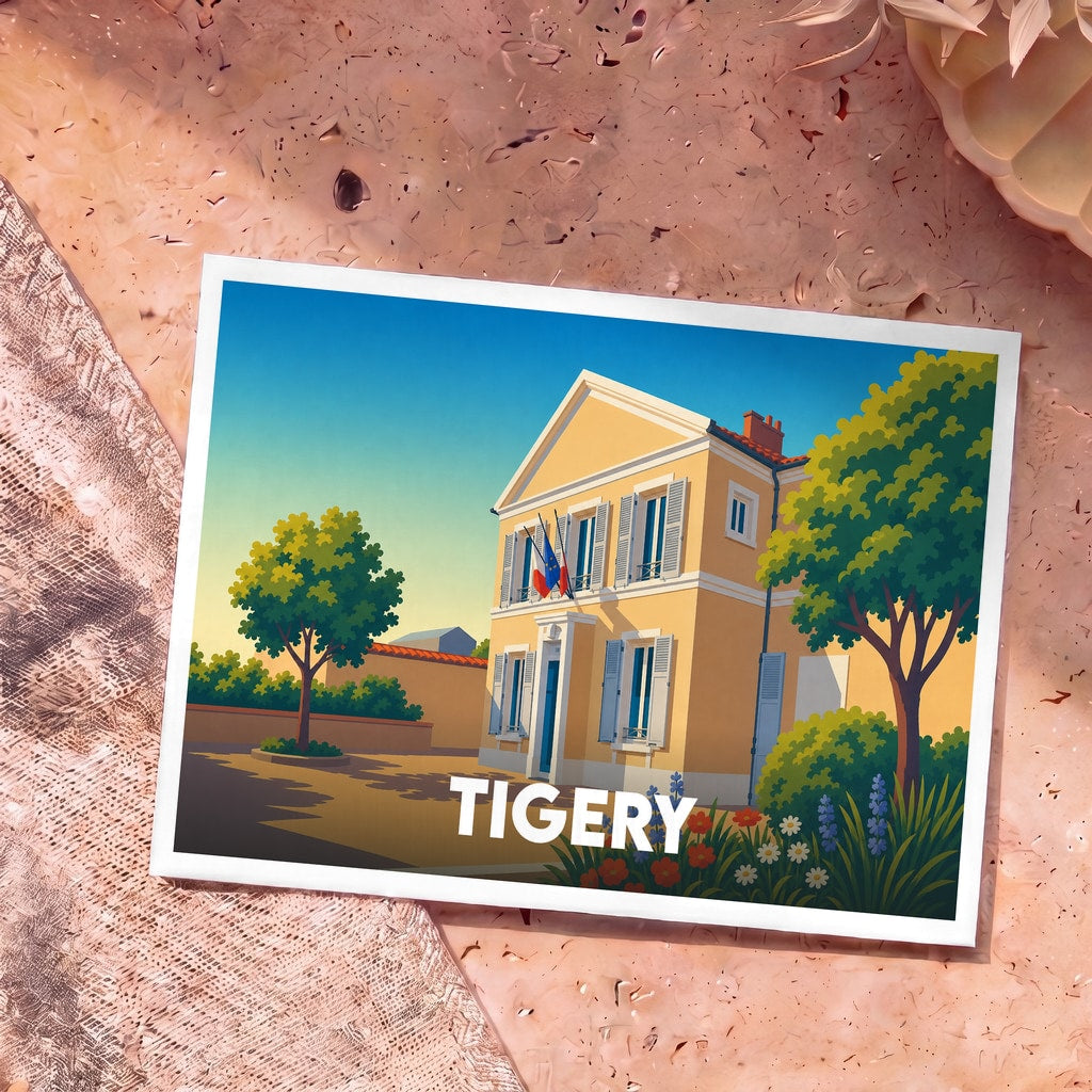 Carte postale souvenir de la ville de Tigery illustrant sa mairie dans un style graphique et coloré.