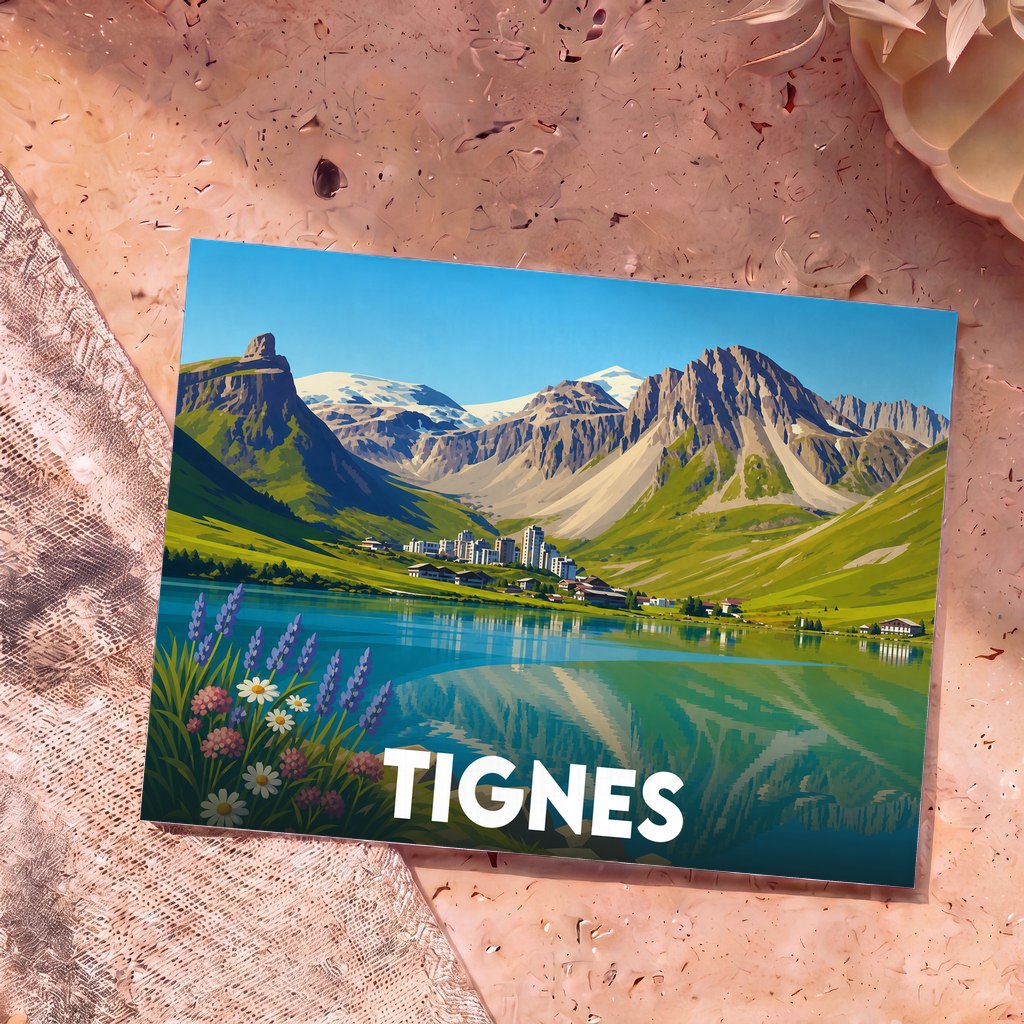 Carte postale souvenir de la ville de Tignes avec une illustration stylisée de son lac et des montagnes environnantes.