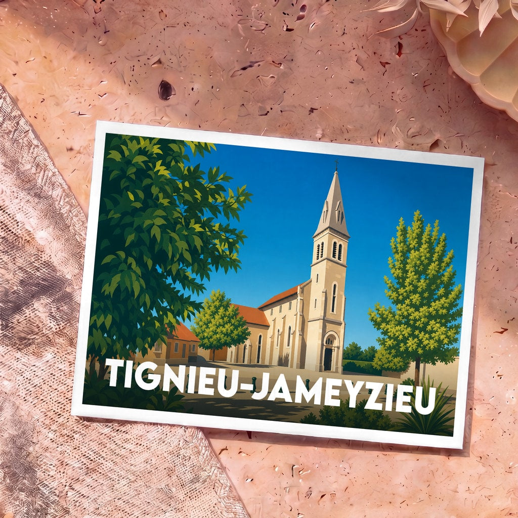 Carte postale souvenir de la ville de Tignieu-Jameyzieu avec une illustration stylisée de son église.