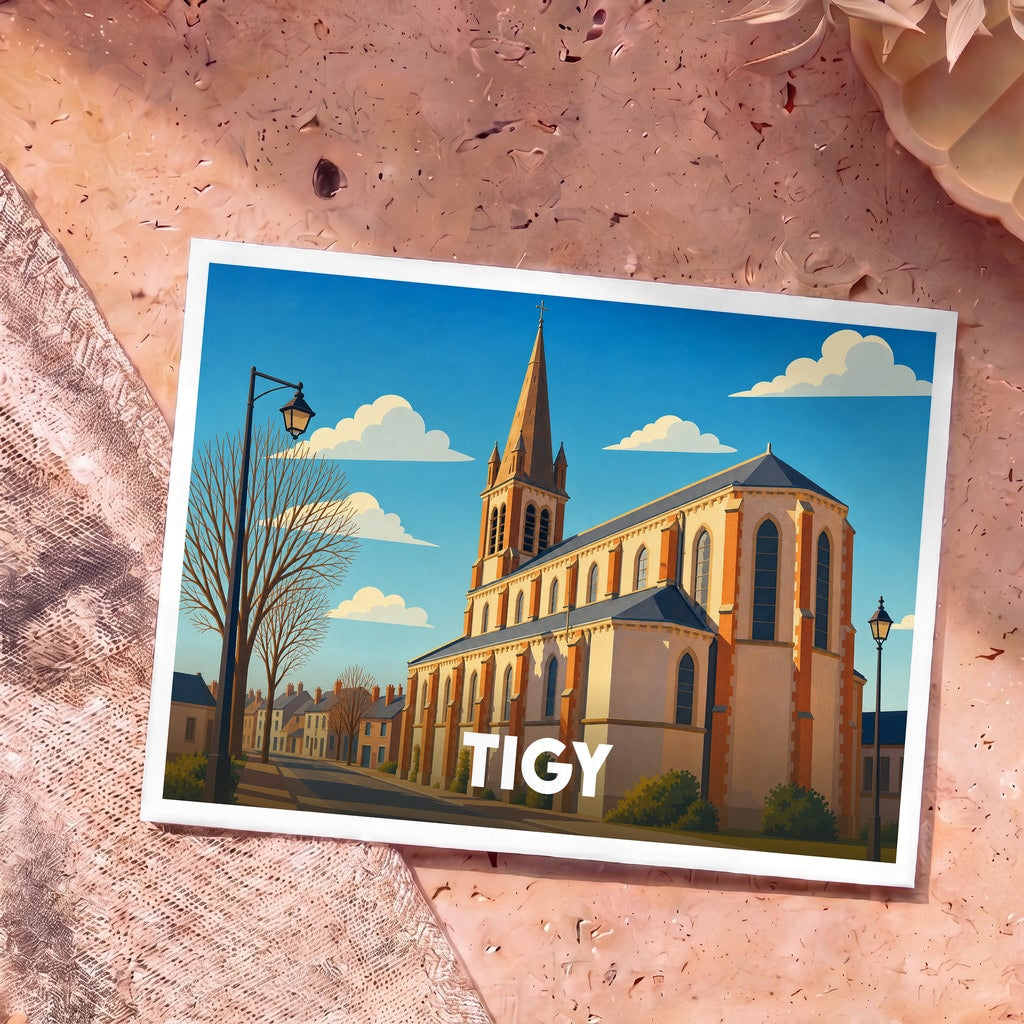 Carte postale souvenir de la ville de Tigy avec une illustration stylisée de son église sous un ciel bleu.