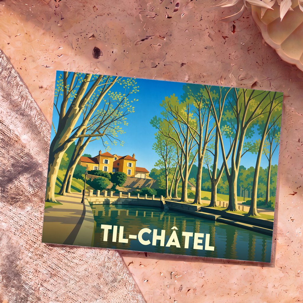 Carte postale souvenir de la ville de Til-Châtel avec une illustration stylisée d'un cours d'eau bordé d'arbres.