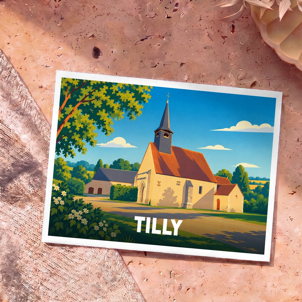 Carte postale souvenir de la ville de Tilly avec une illustration stylisée de son église sous un ciel bleu.