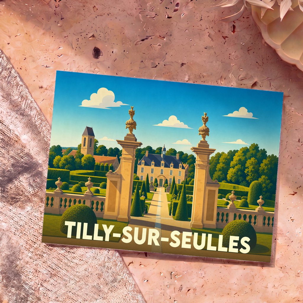 Carte postale souvenir de la ville de Tilly-sur-Seulles avec une illustration stylisée d'un château et de ses jardins.