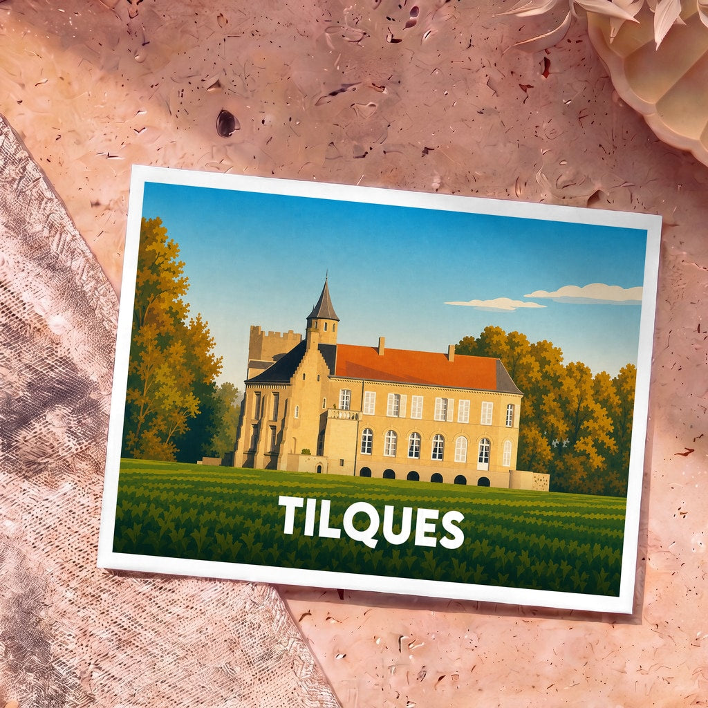 Carte postale souvenir de la ville de Tilques illustrant son château dans un style épuré et coloré.